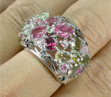 Ажурное кольцо с разноцветными турмалинами Серебро 925