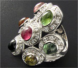 Кольцо с разноцветными турмалинами-кабошонами Серебро 925