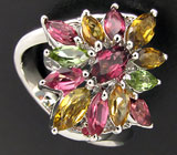 Замечательное кольцо с разноцветными турмалинами Серебро 925