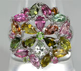 Превосходное кольцо с разноцветными турмалинами Серебро 925