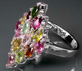 Стильное кольцо с разноцветными турмалинами Серебро 925
