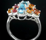 Кольцо с оранжевыми и розовыми сапфирами и голубыми цирконами Серебро 925