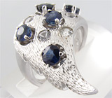 Текстурное кольцо с насыщенно-синими и бесцветными сапфирами Серебро 925