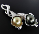 Брошь/кулон с цветным и золотистым жемчугом Серебро 925