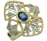 Кольцо с синими сапфирами и бриллиантами Золото