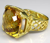 Высокое кольцо с крупным золотистым цитрином Серебро 925