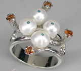 Оригинальное кольцо с жемчугом, голубыми бриллиантами и сапфирами Серебро 925