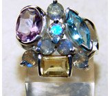 Кольцо  с яркими и чистыми цитрином, аметистом, голубым топазом и лабрадоритами Серебро 925