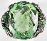 Кольцо с зеленым аметистом, цаворитами и сапфирами Серебро 925