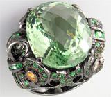 Кольцо с зеленым аметистом, цаворитами и сапфирами Серебро 925