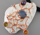 Кулон с лунным камнем, цветной жемчужиной, перидотом и сапфиром на шнуре Серебро 925