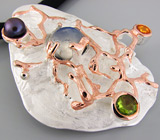 Кулон с лунным камнем, цветной жемчужиной, перидотом и сапфиром на шнуре Серебро 925
