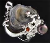 Кольцо с друзой агата, топазом, сапфирами и цветной жемчужиной Серебро 925