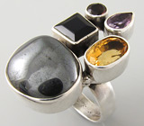 Оригинальное кольцо с гематитом и самоцветами Серебро 925