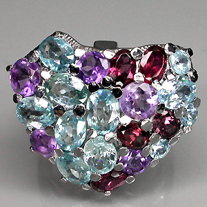 Эффектное кольцо с цирконами, аметистами и родолитами