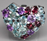 Эффектное кольцо с цирконами, аметистами и родолитами Серебро 925