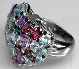 Эффектное кольцо с цирконами, аметистами и родолитами Серебро 925