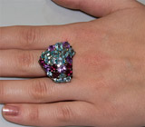 Эффектное кольцо с цирконами, аметистами и родолитами Серебро 925