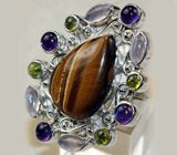 Кольцо c тигровым глазом и самоцветами Серебро 925