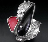 Оригинальное кольцо с черной яшмой и кораллом Серебро 925