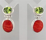 Серьги с кораллами и перидотами Серебро 925