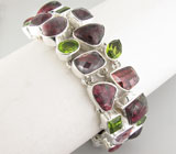 Браслет с сапфирами в цоизите, родолитами гранатами и перидотами Серебро 925