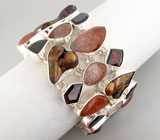 Широкий массивный браслет с рутиловым кварцем, пузырчатым жемчугом и гранатами Серебро 925