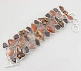 Широкий массивный браслет с рутиловым кварцем, пузырчатым жемчугом и гранатами Серебро 925