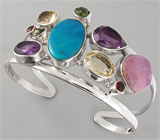 Браслет с говлитом, сугилитом, цитринами, перидотами, аметистами и гранатами Серебро 925