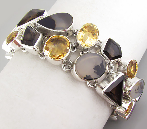 Браслет с дендритическим агатом, дымчатыми топазами и цитринами