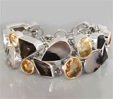 Браслет с дендритическим агатом, дымчатыми топазами и цитринами Серебро 925