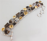 Браслет с дендритическим агатом, дымчатыми топазами и цитринами Серебро 925
