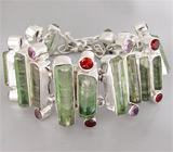 Браслет с кристаллами зеленых турмалинов, гранатами и аметистами Серебро 925