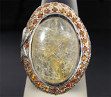 Кольцо с рутиловым кварцем, золотистыми сапфирами и аметистом Серебро 925