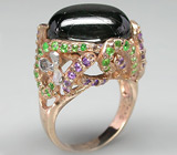 Кольцо из коллекции "Mia" с крупным звездчатым диопсидом, аметистами и цаворитами Серебро 925