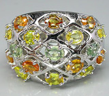 Широкое кольцо с разноцветными сапфирами Серебро 925