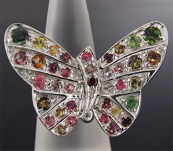 Прелестное кольцо «Бабочка» с разноцветными турмалинами