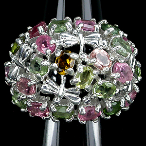 Ажурное широкое кольцо с разноцветными турмалинами