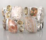 Широкий массивный браслет с яшмой и цитринами Серебро 925