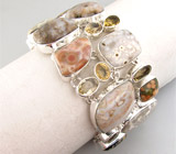 Широкий массивный браслет с яшмой и цитринами Серебро 925