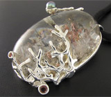 Кулон с дендритическим кварцем, цветной жемчужиной и турмалинами на шнуре Серебро 925