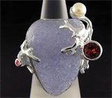 Кольцо с друзой халцедона, жемчужиной, гранатом и сапфиром Серебро 925