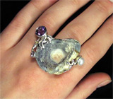 Кольцо с друзой агата, аметистами и жемчужиной Серебро 925