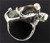 Кольцо с друзой агата, перидотами и жемчужиной Серебро 925