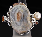 Кольцо с друзой агата, жемчужиной, цитрином и сапфиром Серебро 925