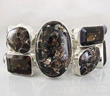 Браслет с агатом, дымчатыми топазами и цветным жемчугом Серебро 925