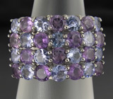 Широкое кольцо с танзанитами и аметистами Серебро 925