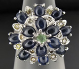 Кольцо с демантоидом гранатом, кабошонами синих сапфиров и желтыми бриллиантами Серебро 925