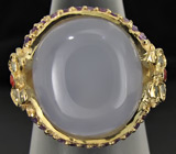 Кольцо с крупным кабошоном халцедона, аметистами и сапфирами Серебро 925