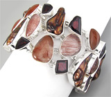 Широкий браслет с рутиловым кварцем, родолитами гранатами и пузырчатым кварцем Серебро 925